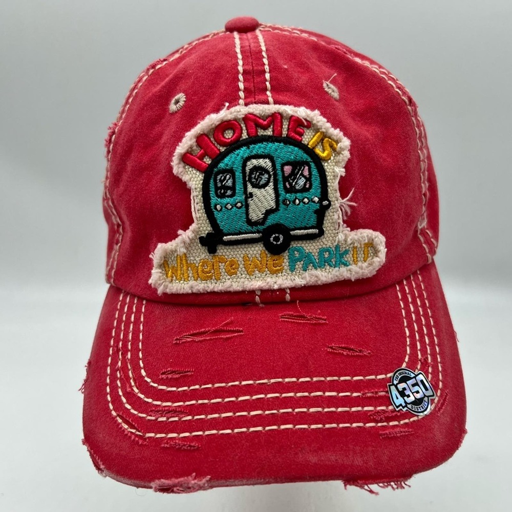 4350 District Pink Velcro “Home is where you park it” Distressed Hat